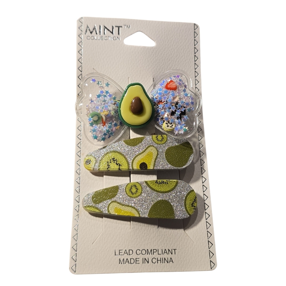 Kids Avocado Glitter Hair Clips Set -‎ Green